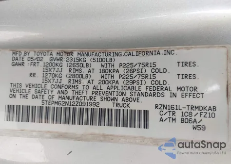 2002 Toyota Tacoma из США, поврежденный, VIN 5TEPM62N12Z091992